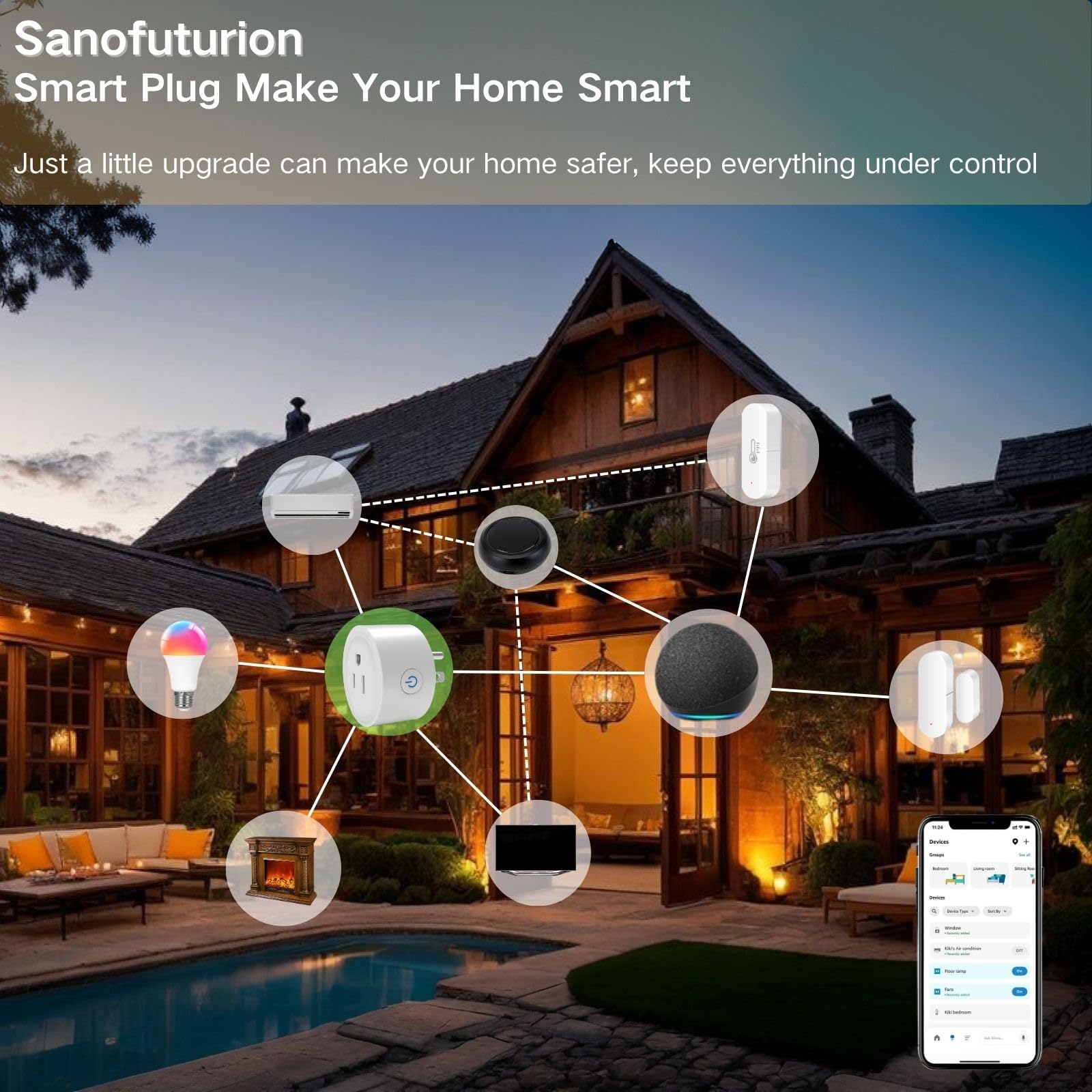 Sanofuturion WiFi Smart Plug 2-pack compact design fits crowded outlets.
