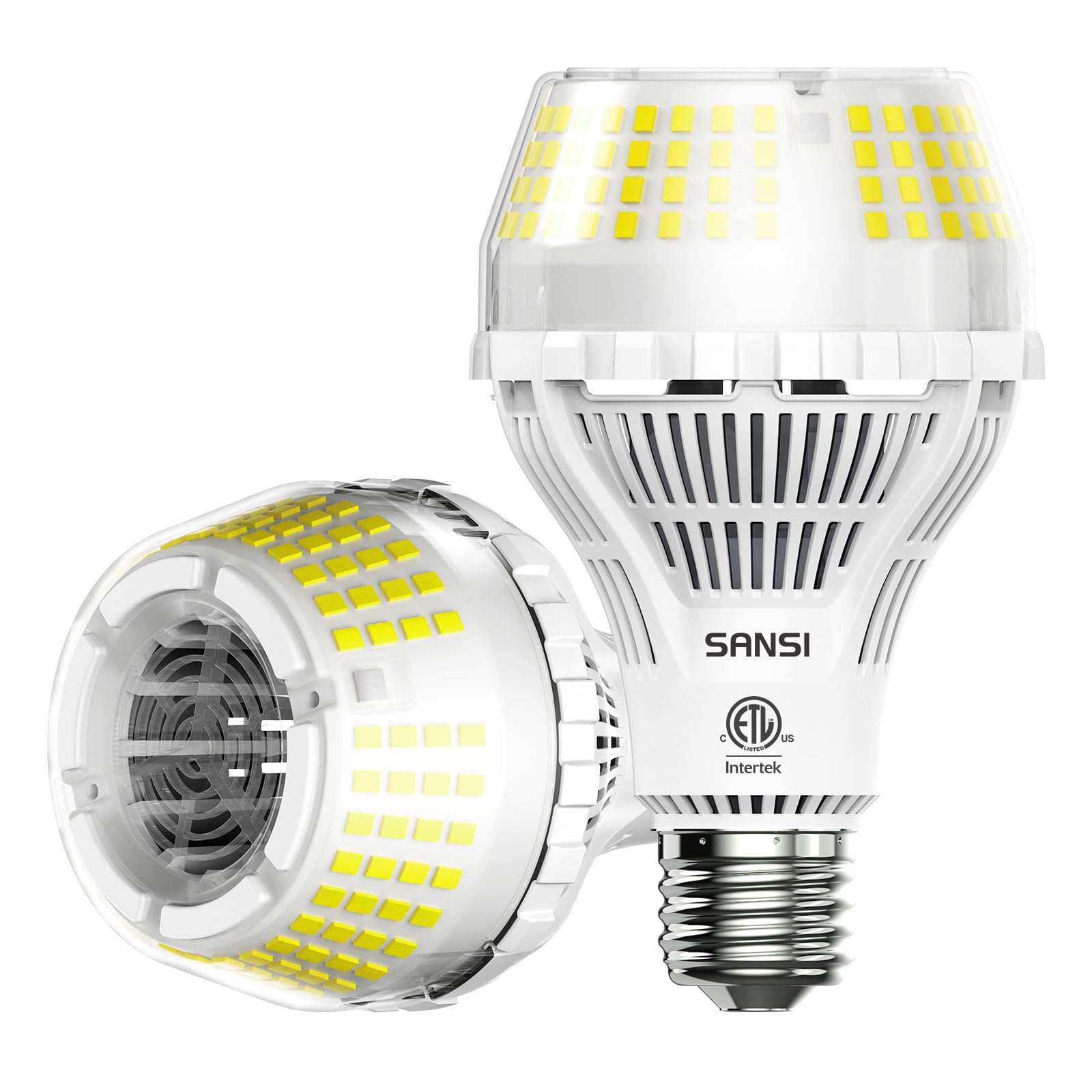 SANSI 200W equivalent LED bulbs box 2-pack providing energy-efficient brightness for home.