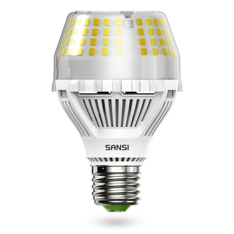 SANSI 200W LED bulb front view highlighting ceramic technology for efficient heat management