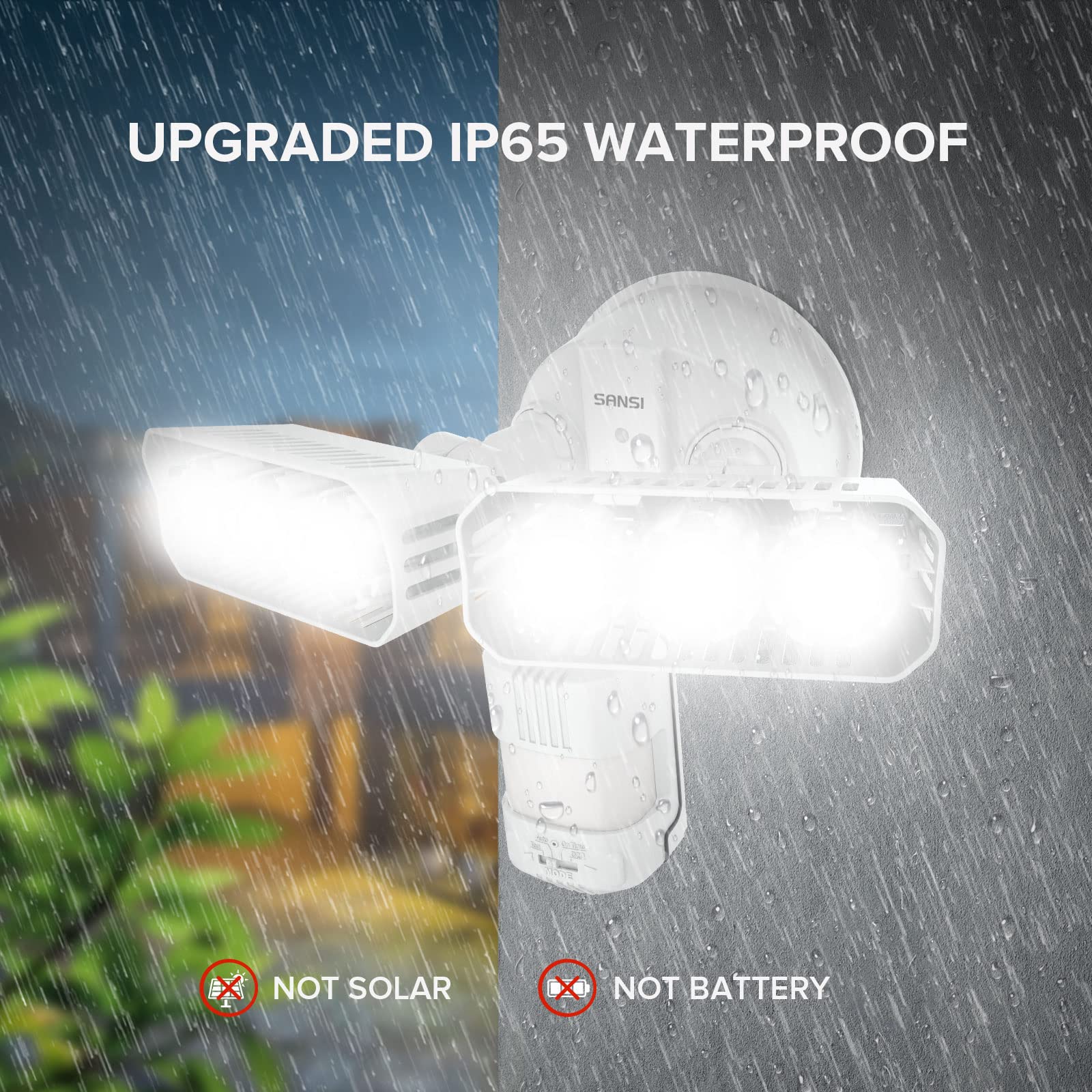 SANSI dusk-to-dawn mode activates at dusk for hands-free security lighting.