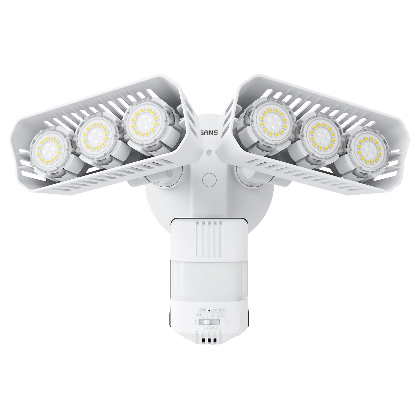 SANSI 38W motion sensor light close-up showing bright, energy-efficient outdoor illumination.