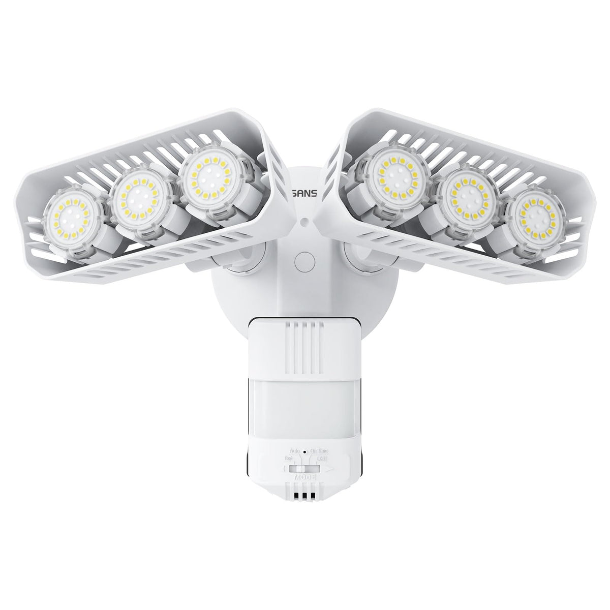 SANSI 38W motion sensor light close-up showing bright, energy-efficient outdoor illumination.