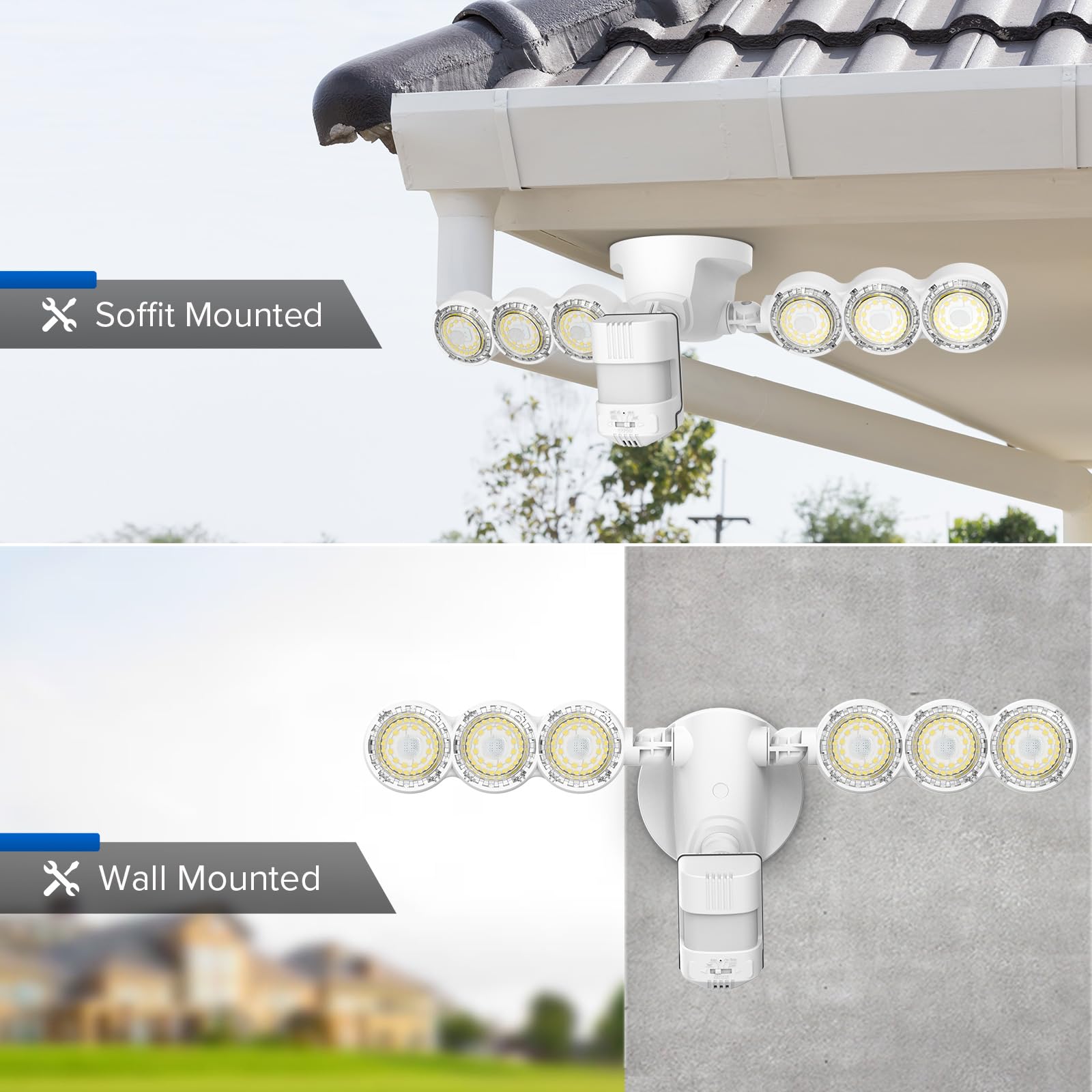 SANSI flood light covers 320 degrees for broad security at night.