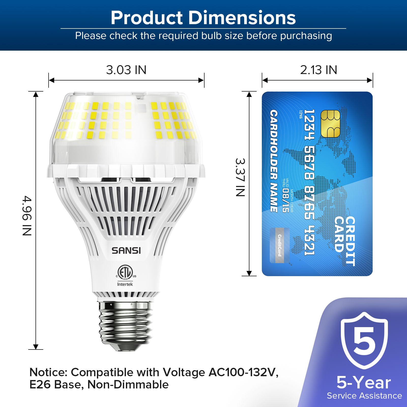 SANSI A21 E26 base LED bulb closeup highlights easy retrofit in fixtures.