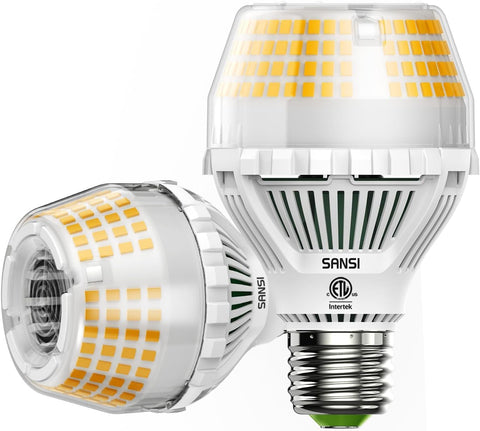 SANSI 5000-lumen LED bulb lights living spaces brightly.