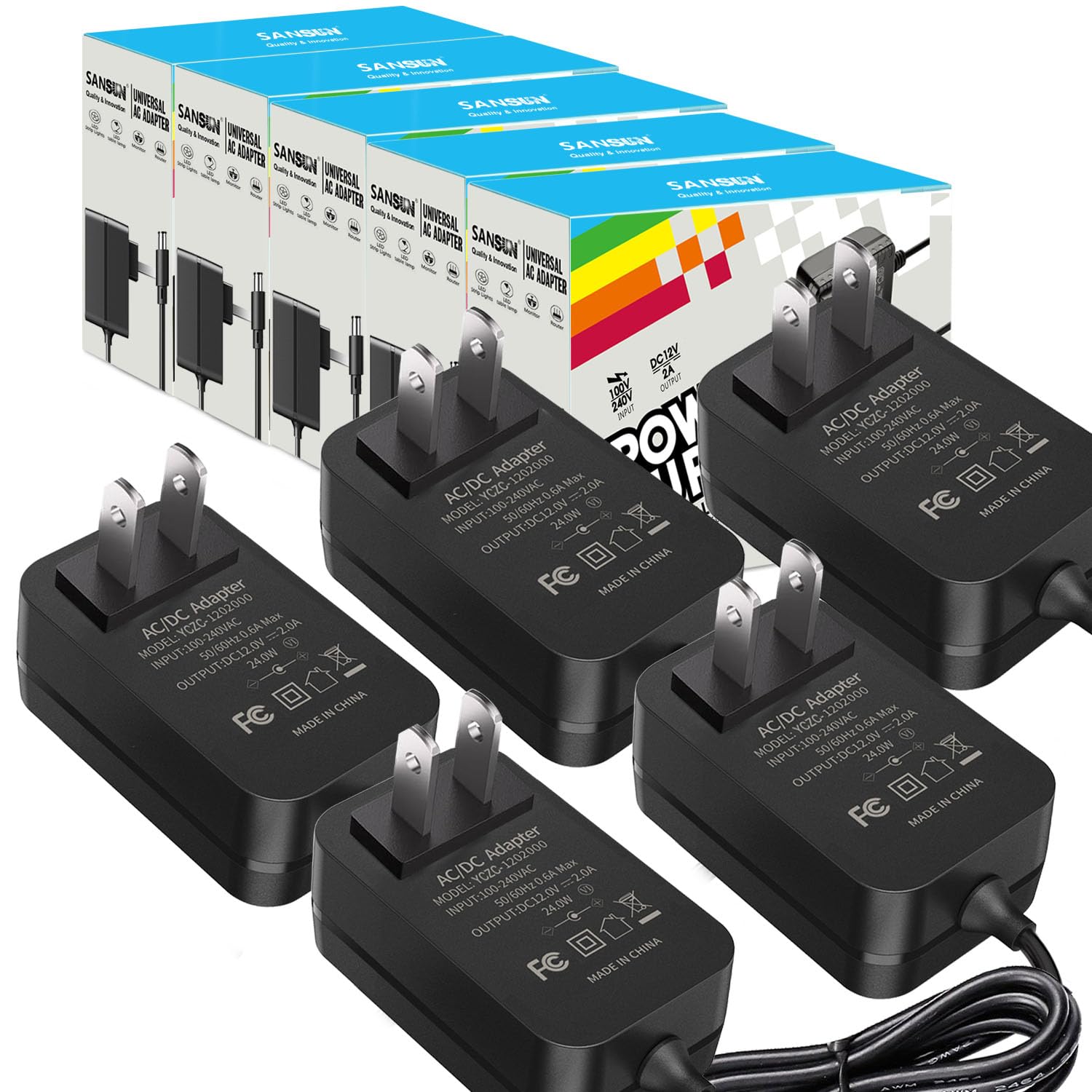 SANSUN 12V-2A power supply front view for LED strip power