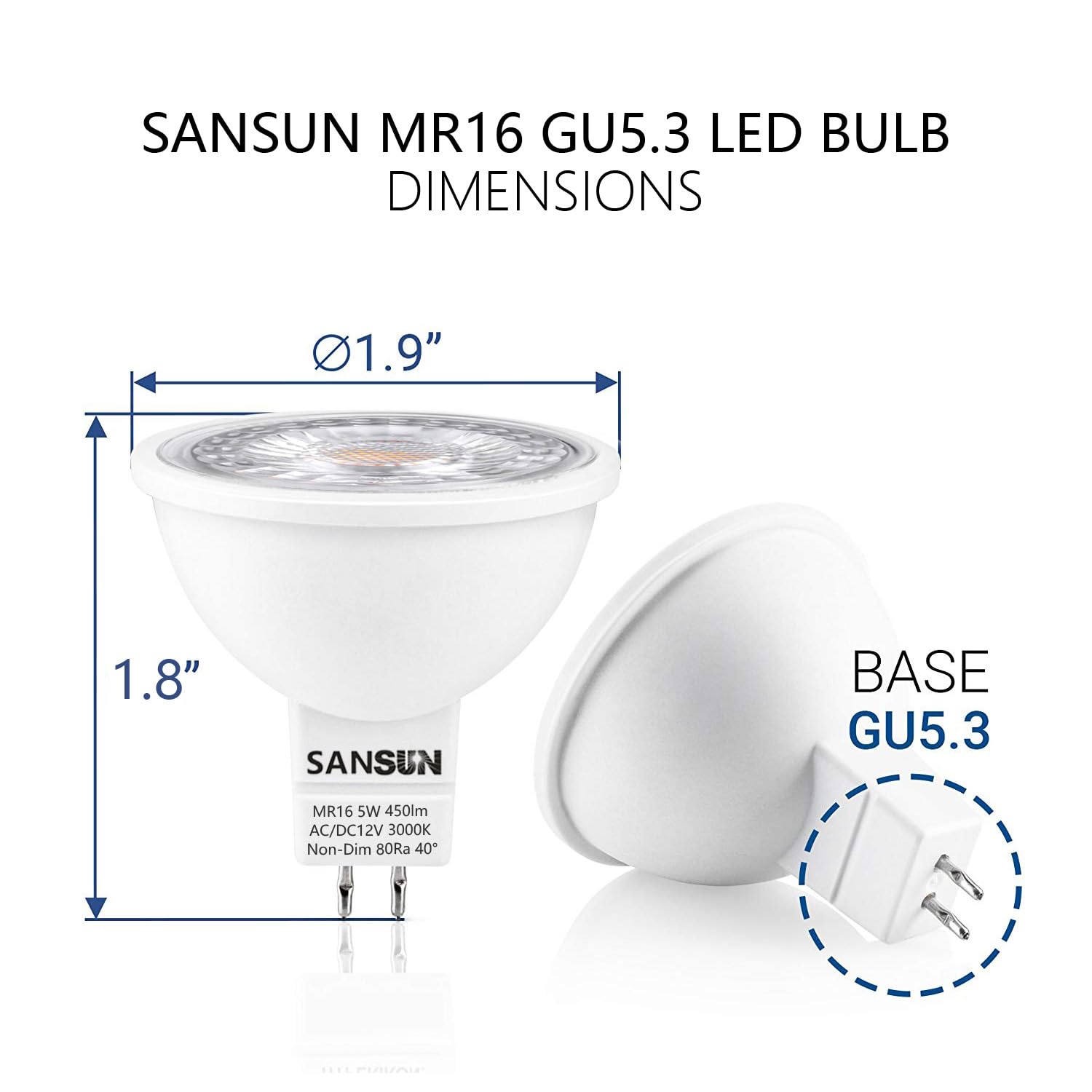 Sansun MR16 LED bulb with GU5.3 base for track lighting installations.