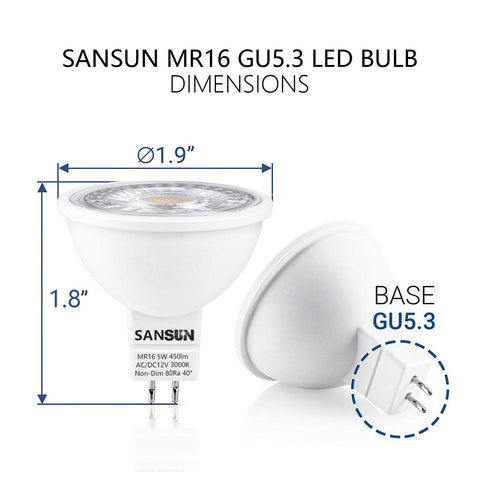 Sansun MR16 LED bulb with GU5.3 base for track lighting installations.