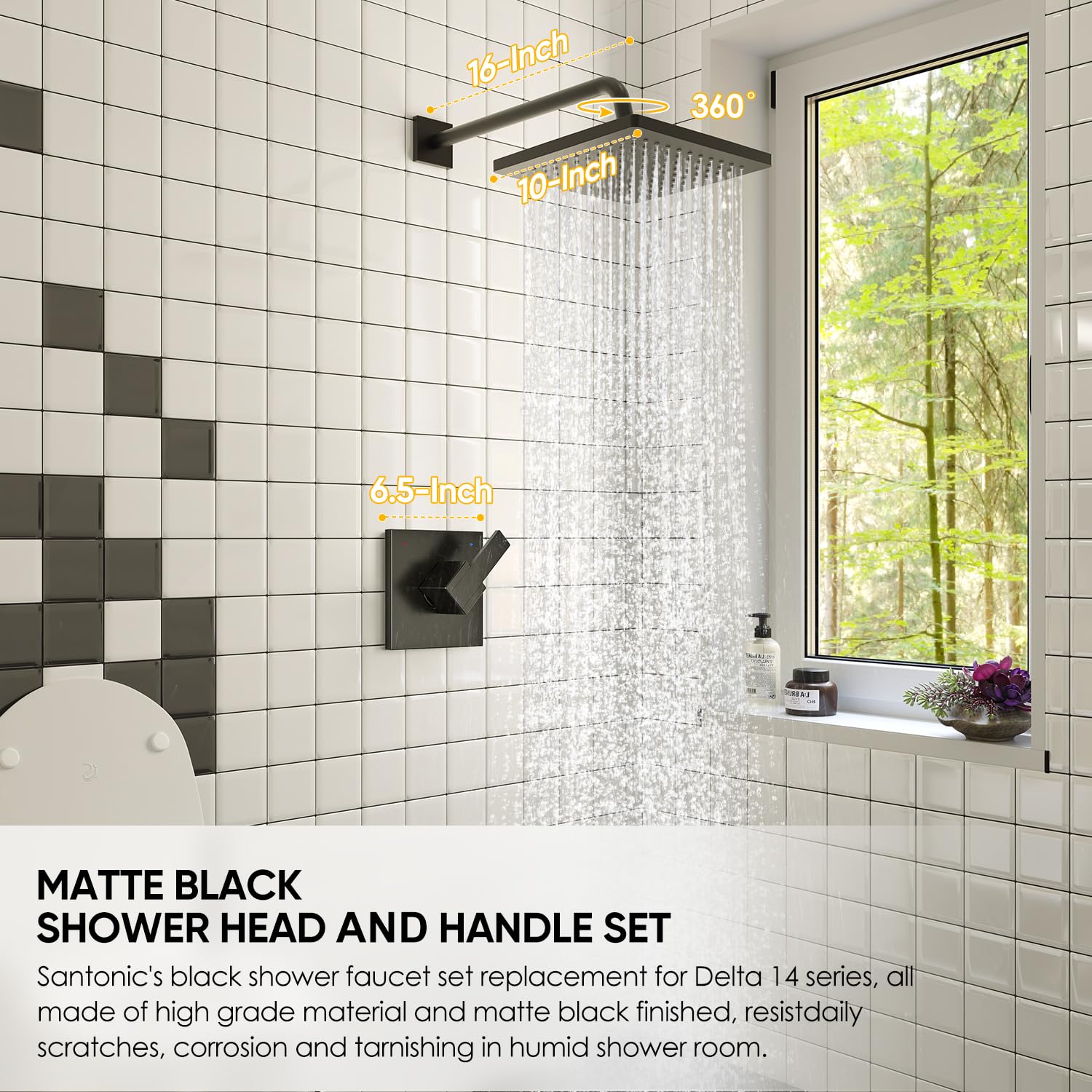 SANTONIC 10-inch rainfall shower head with broad coverage.