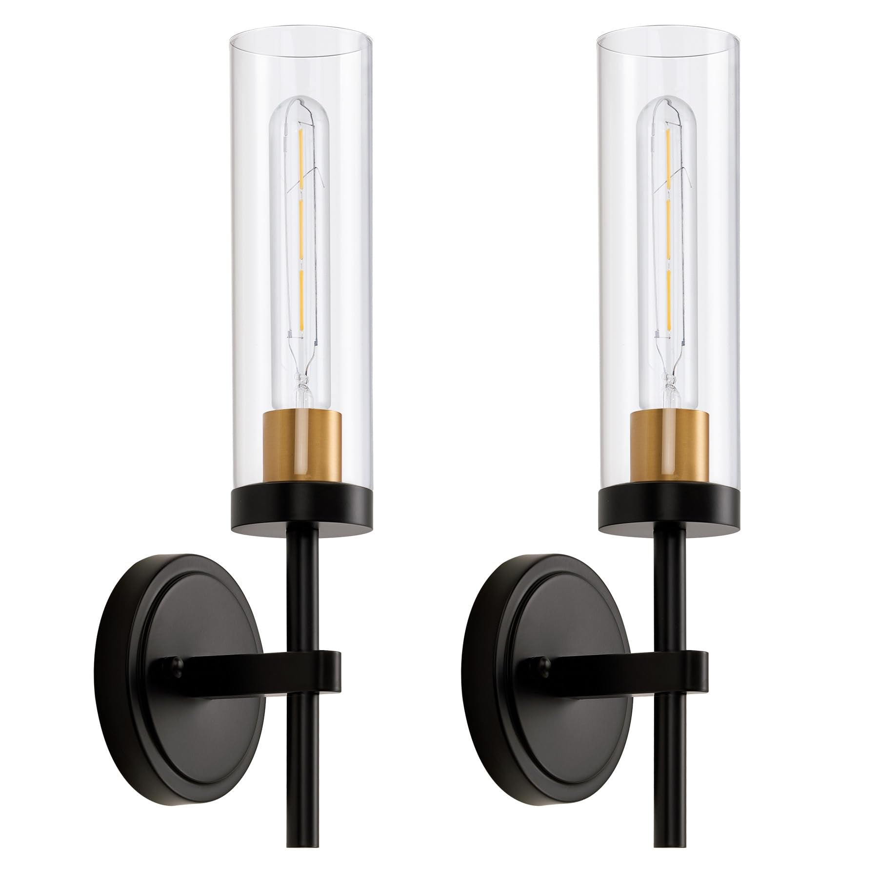 SANTOSTOCK black and gold wall sconce front view with clear glass shade.