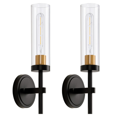 SANTOSTOCK black and gold wall sconce front view with clear glass shade.