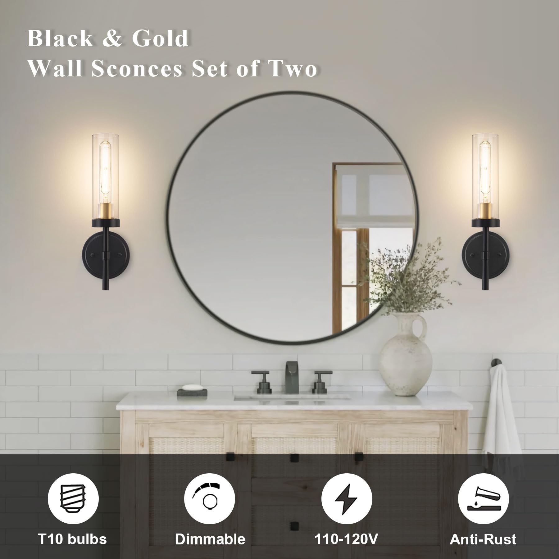SANTOSTOCK black and gold wall sconce side view highlighting the durable finish.