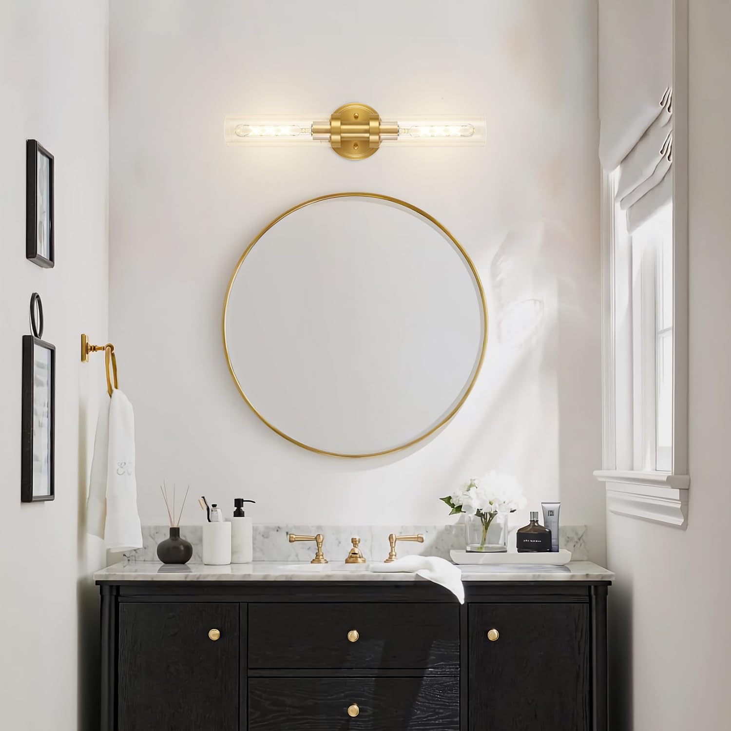 SANTOSTOCK vanity light reflecting in a bathroom mirror for clarity