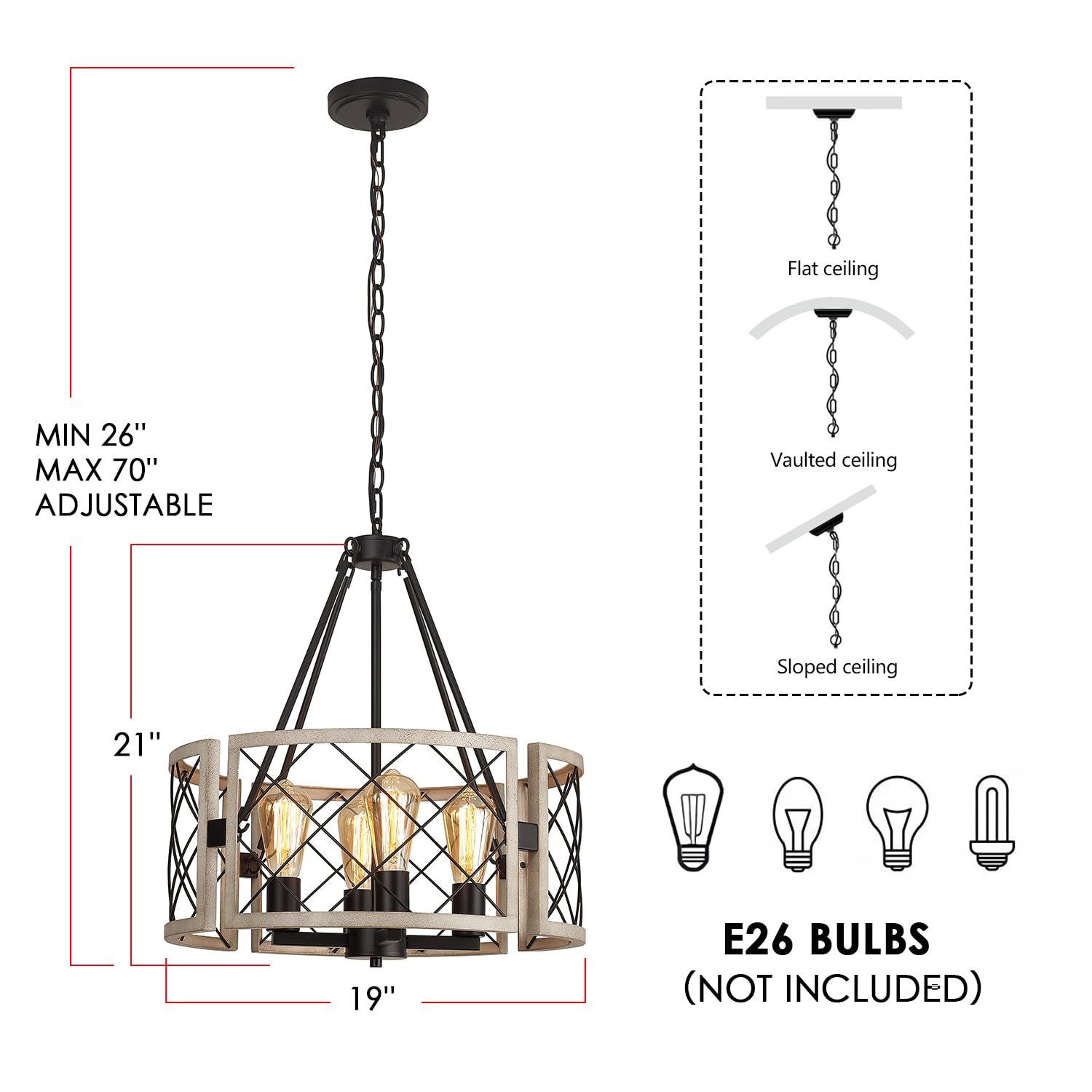 E26 base on SANTOSTOCK D19 supports bulbs for versatile ambience.