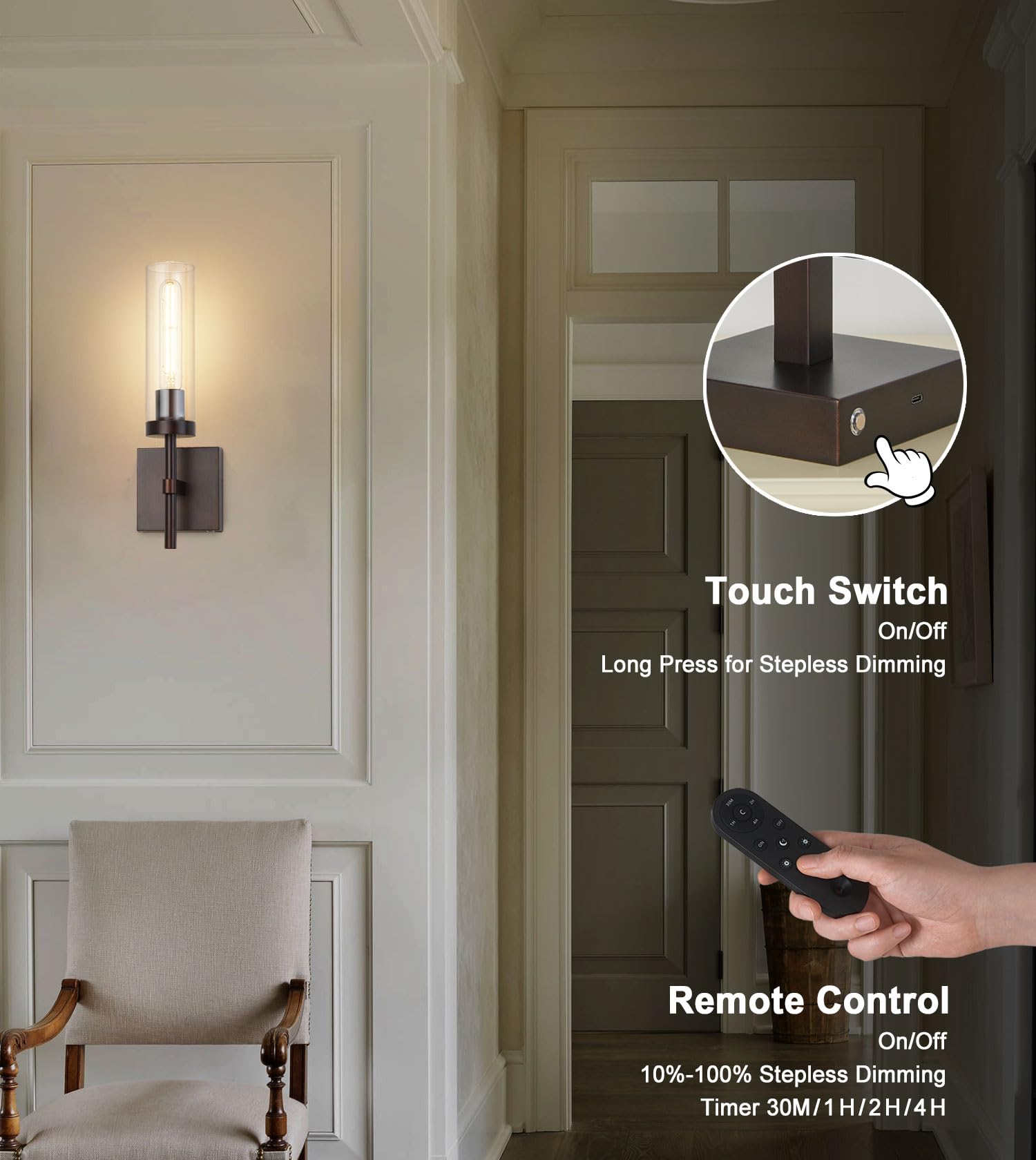 Rechargeable battery powered sconce with USB-C charging for convenience