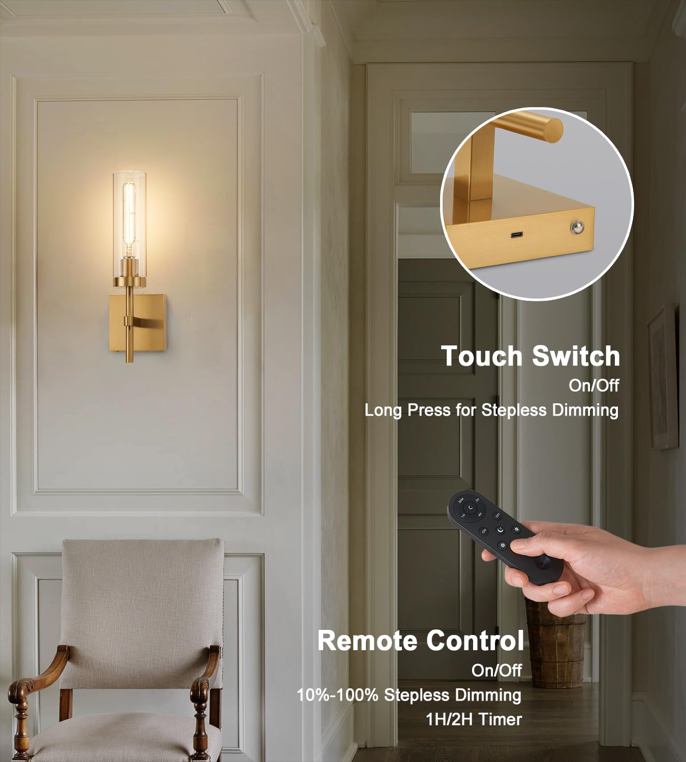 SANTOSTOCK wall sconce with remote and touch dimmer for cozy ambiance.
