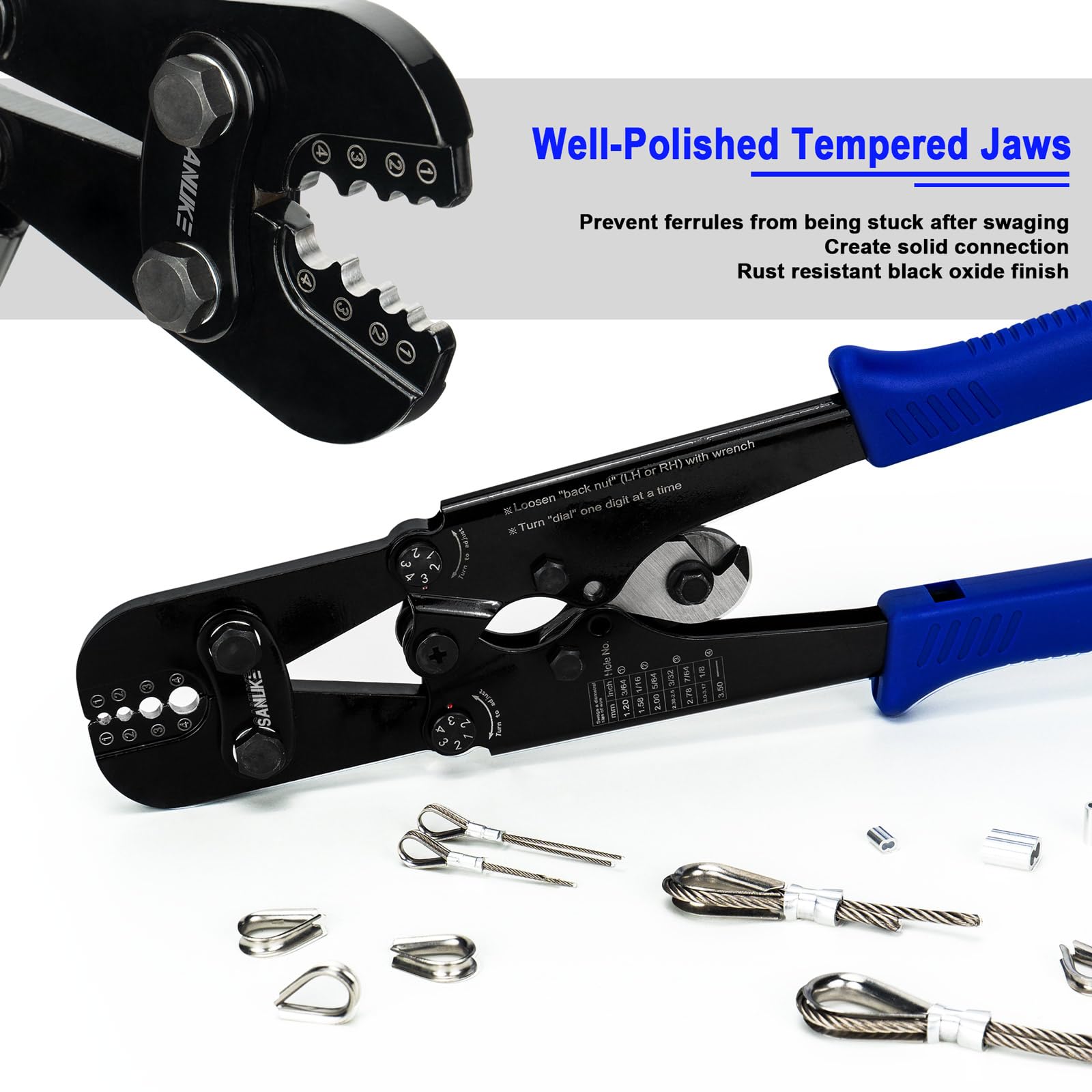 Sanuke kit includes aluminum sleeves for secure loop crimps in sizes.