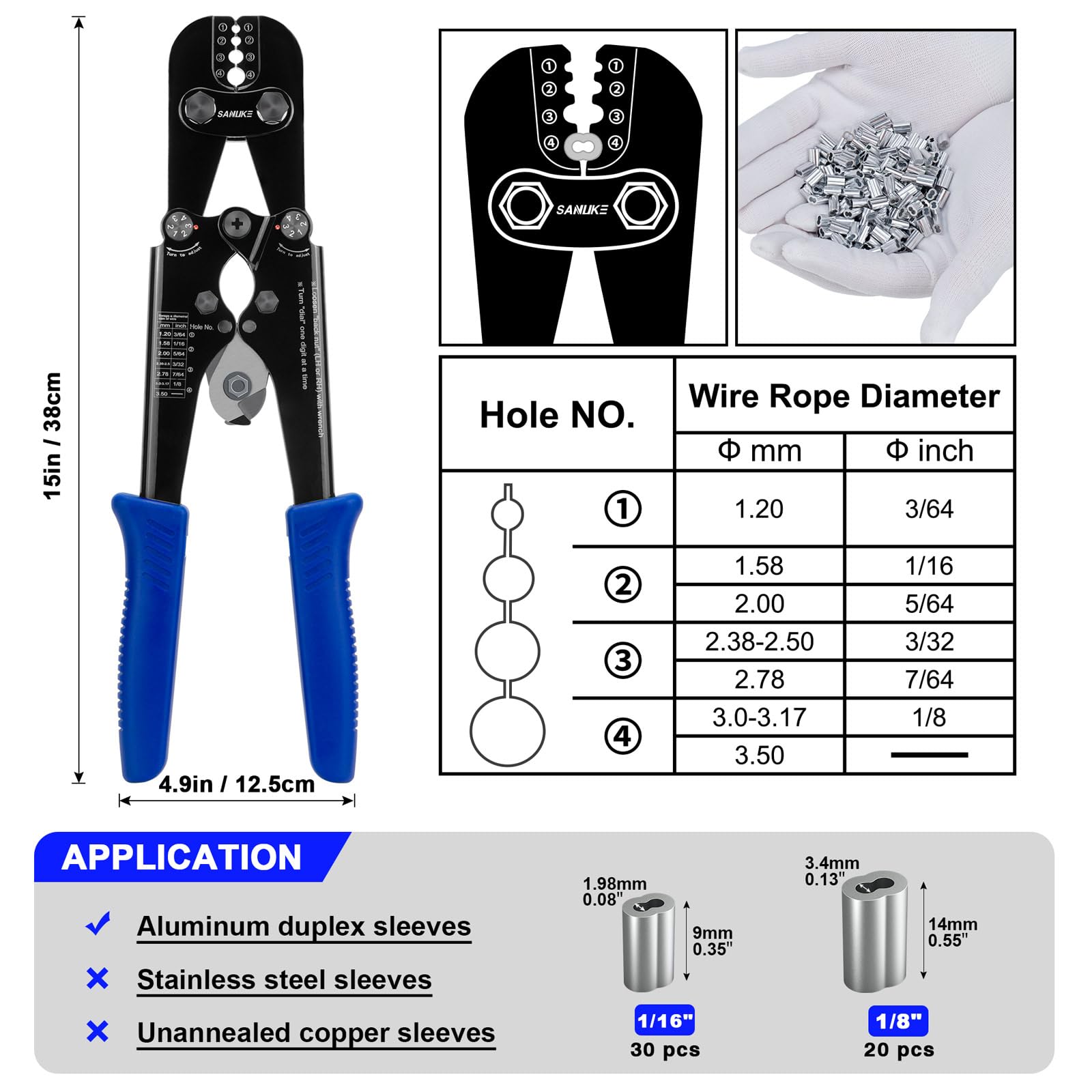 Sanuke crimping pliers with large jaws for strong, even sleeves.