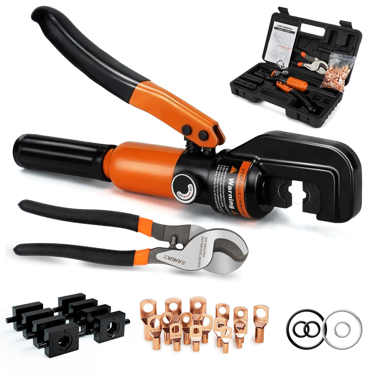 Sanuke hydraulic crimper tool with die-sets for versatile electrical terminations.