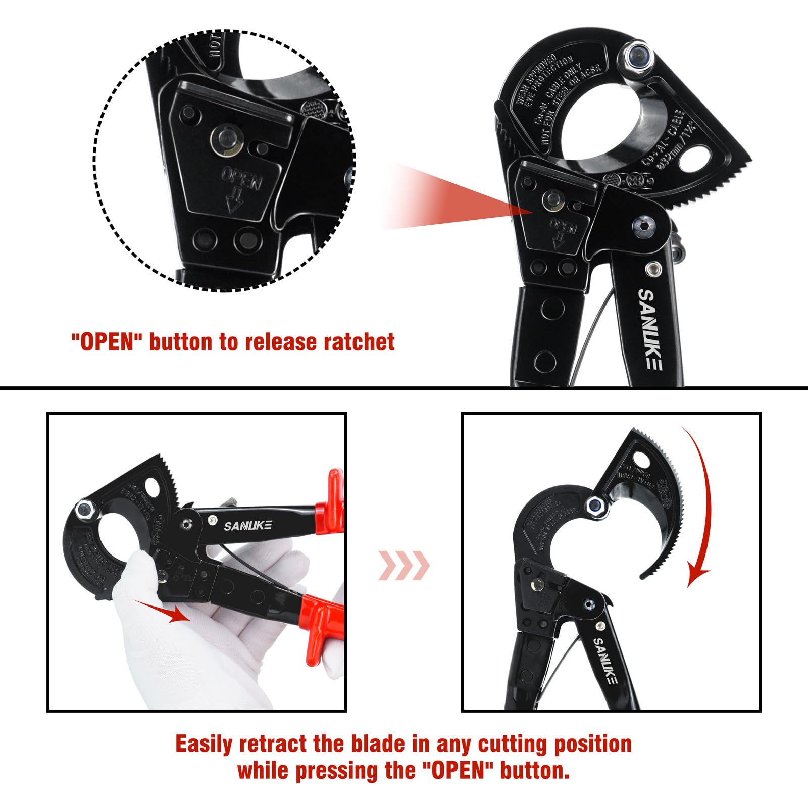 Heavy-duty build of the Sanuke ratchet cable cutter ready for demanding tasks