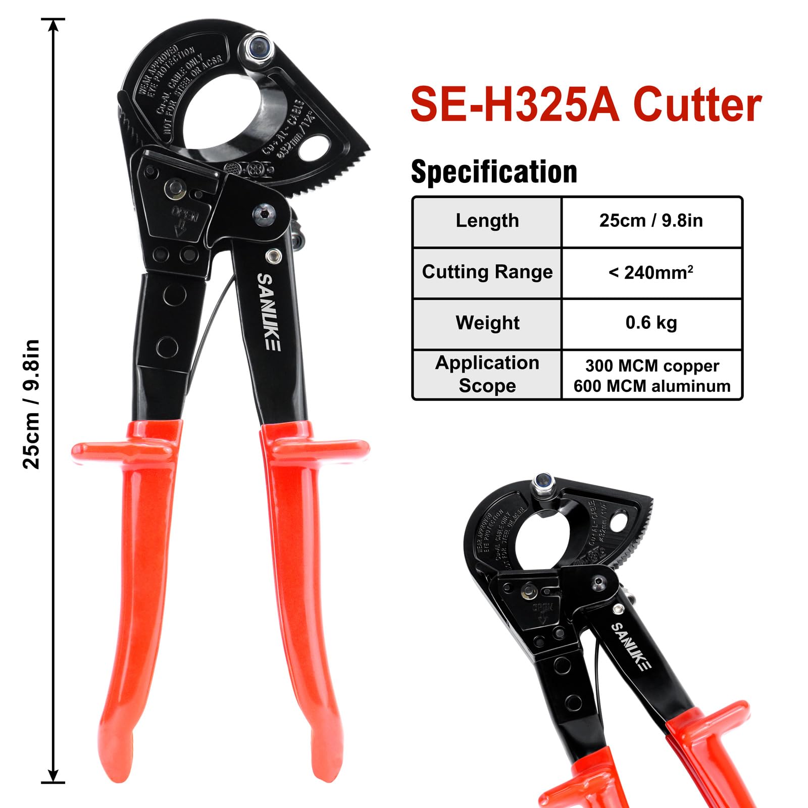 Copper up to 300 MCM and aluminum up to 600 MCM capacity on the Sanuke cutter