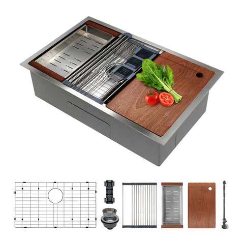 SANYCASA 30-inch undermount sink with integrated workstation ledge for easy access to accessories