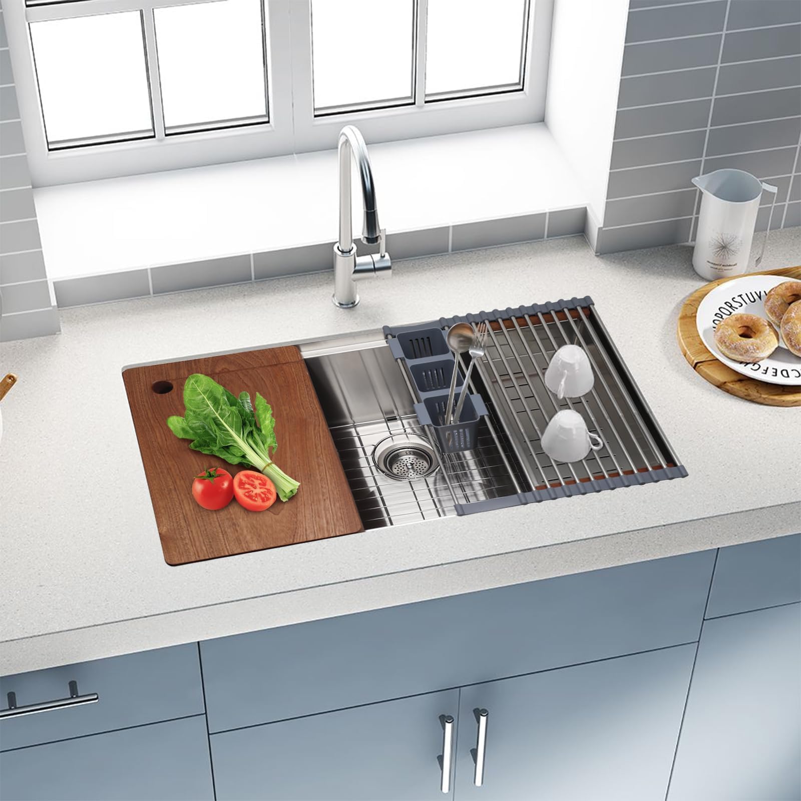 SANYCASA 33-inch workstation design accommodates large pots and pans.