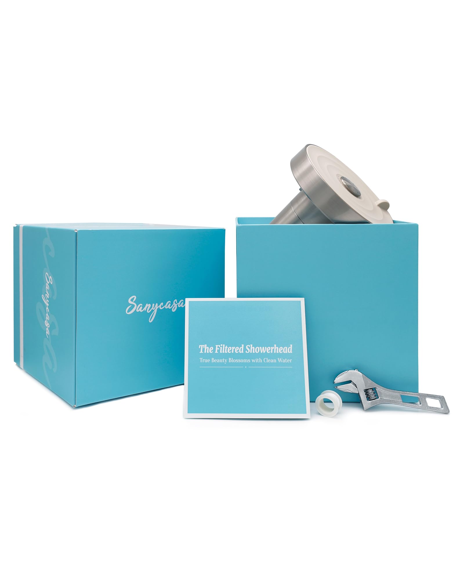 SANYCASA packaging shows included replacement filter for easy maintenance.