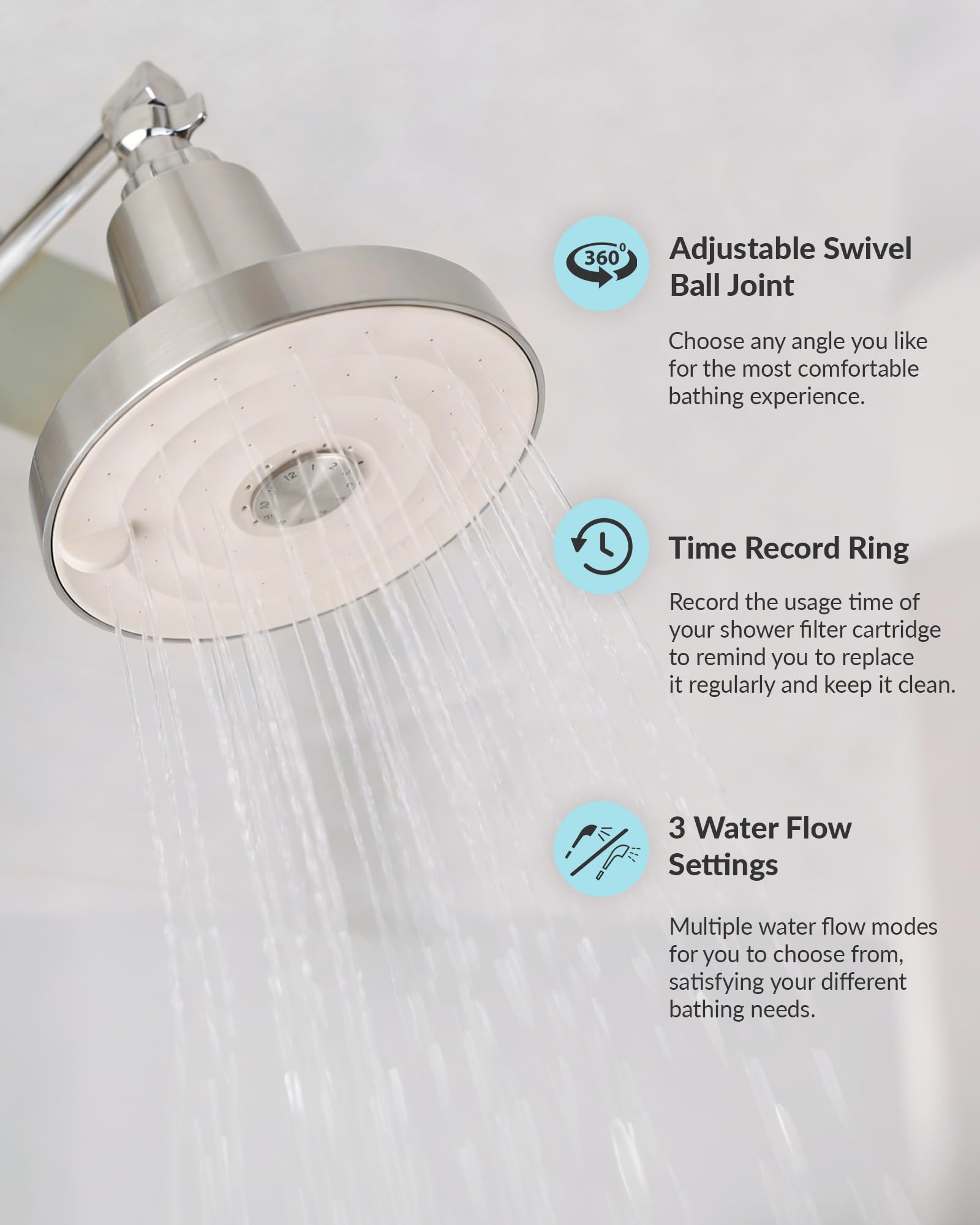 SANYCASA six-inch-wide head keeps strong flow in hard water.