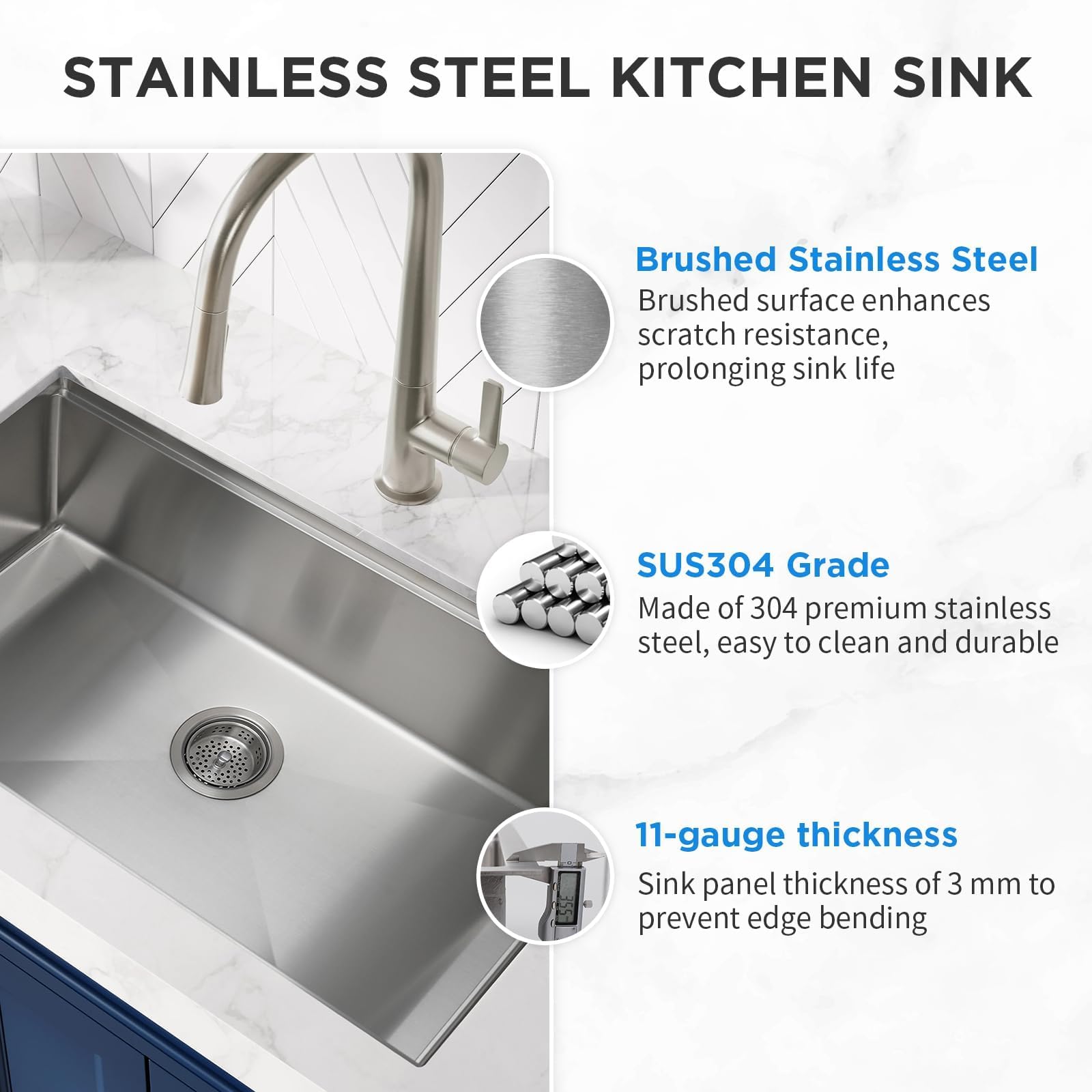 SANYCASA sink drain design close-up with X grooves for quick drainage.