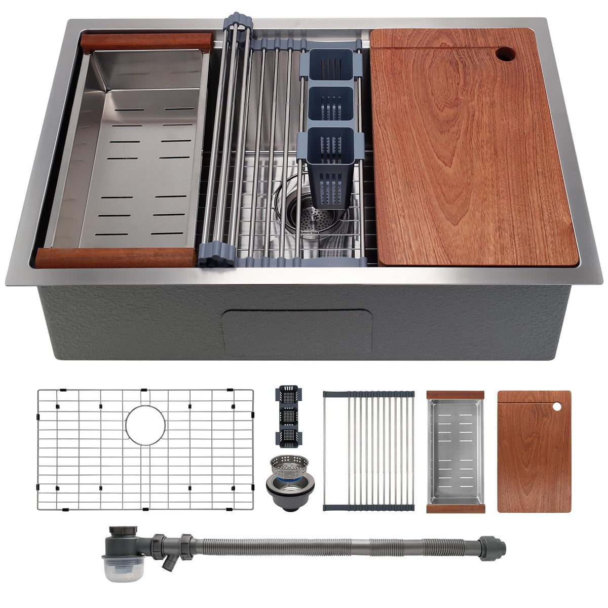 SANYCASA workstation sink front view with integrated accessory rail for streamlined tasks.