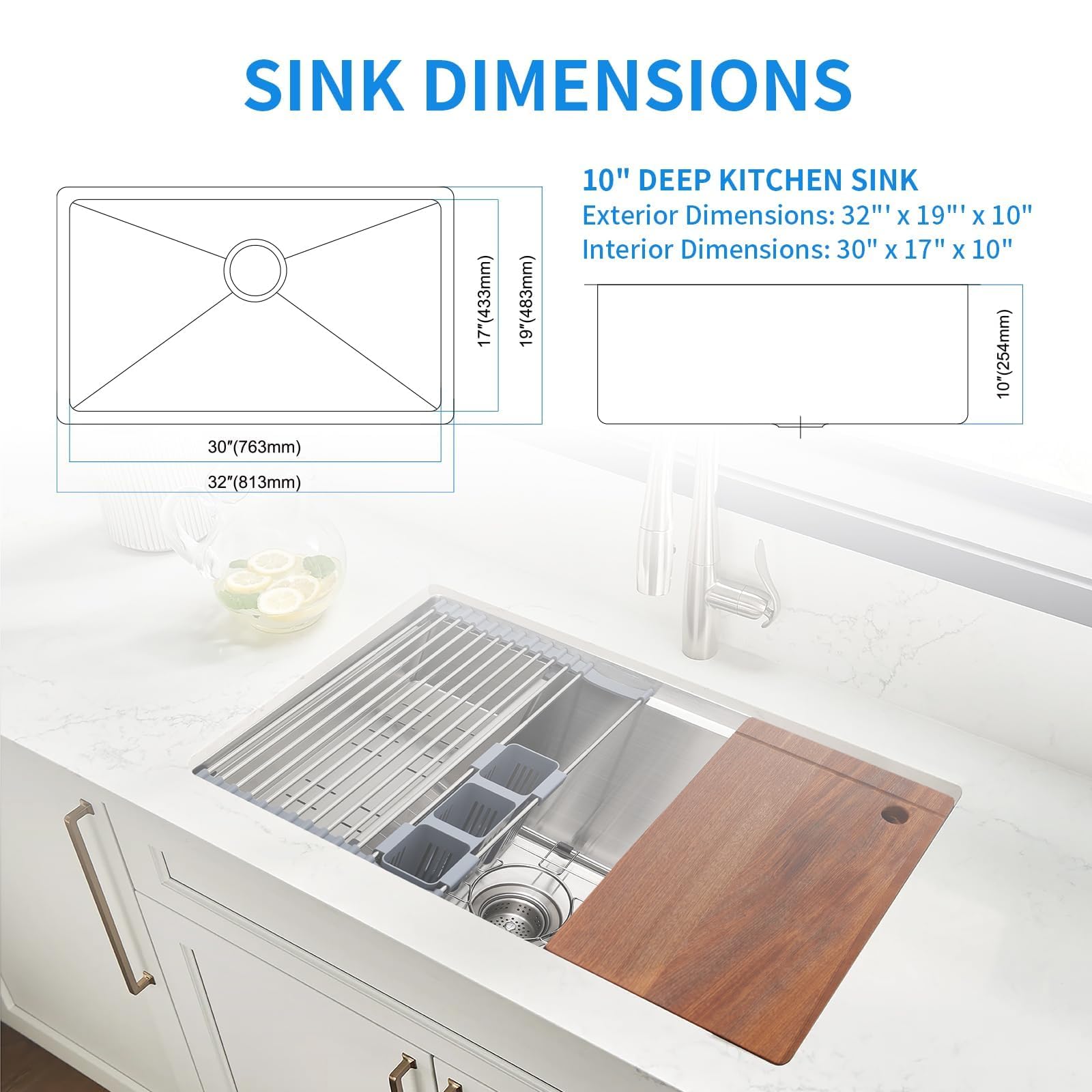 SANYCASA sink with thick silicone pads reducing noise during washing.