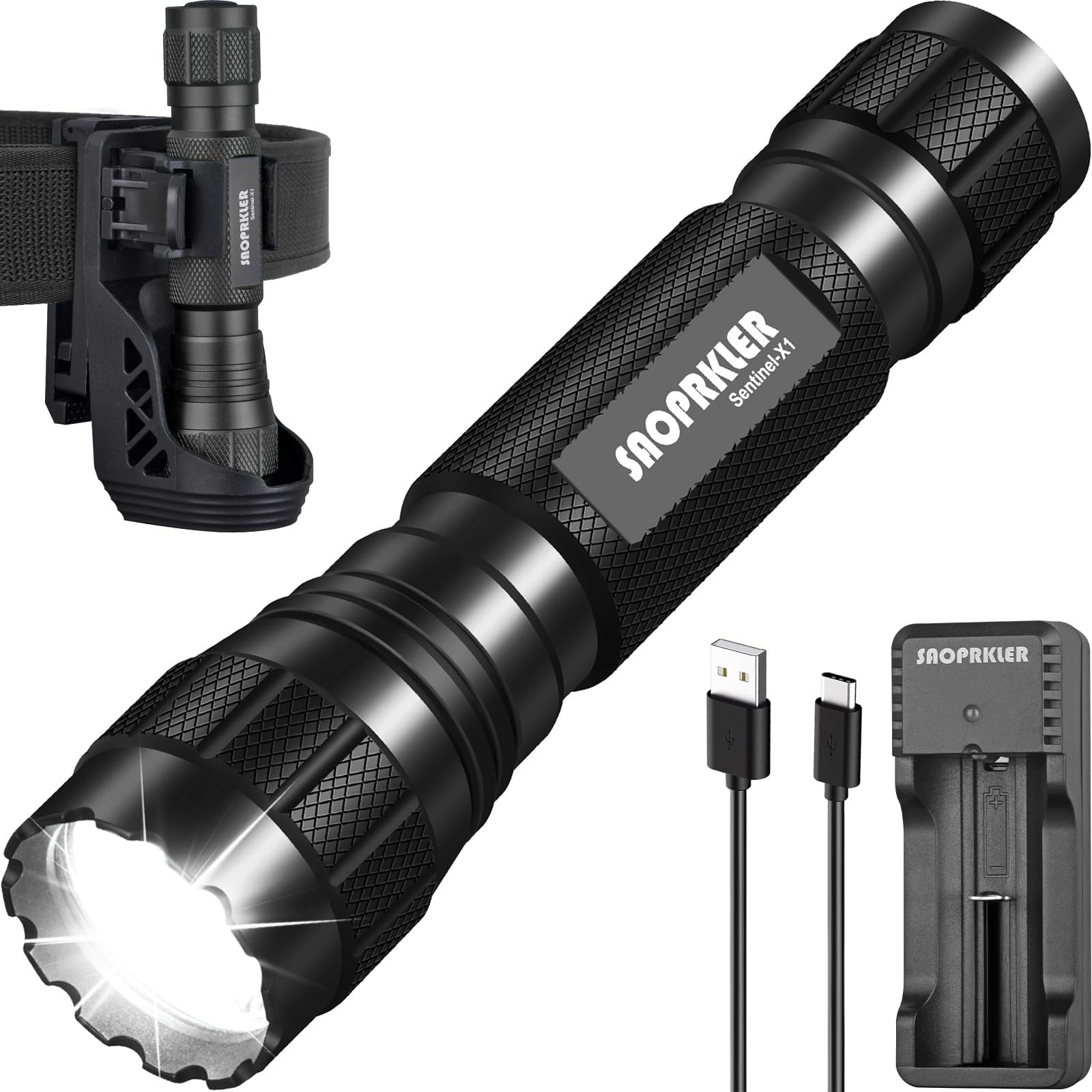 SAOPRKLER Sentinel-X1 on belt holster for rapid access and daily duty use.