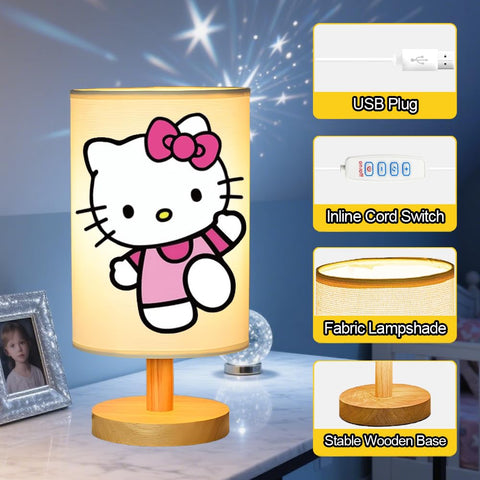 Sapouni Kitty lamp shade close-up showing beige linen texture and soft glow.
