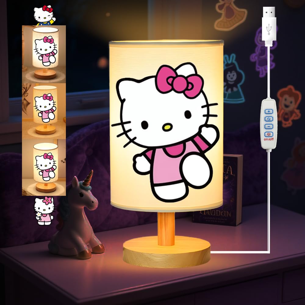 Sapouni Kitty bedside lamp with wood base provides warm lighting on a nightstand.