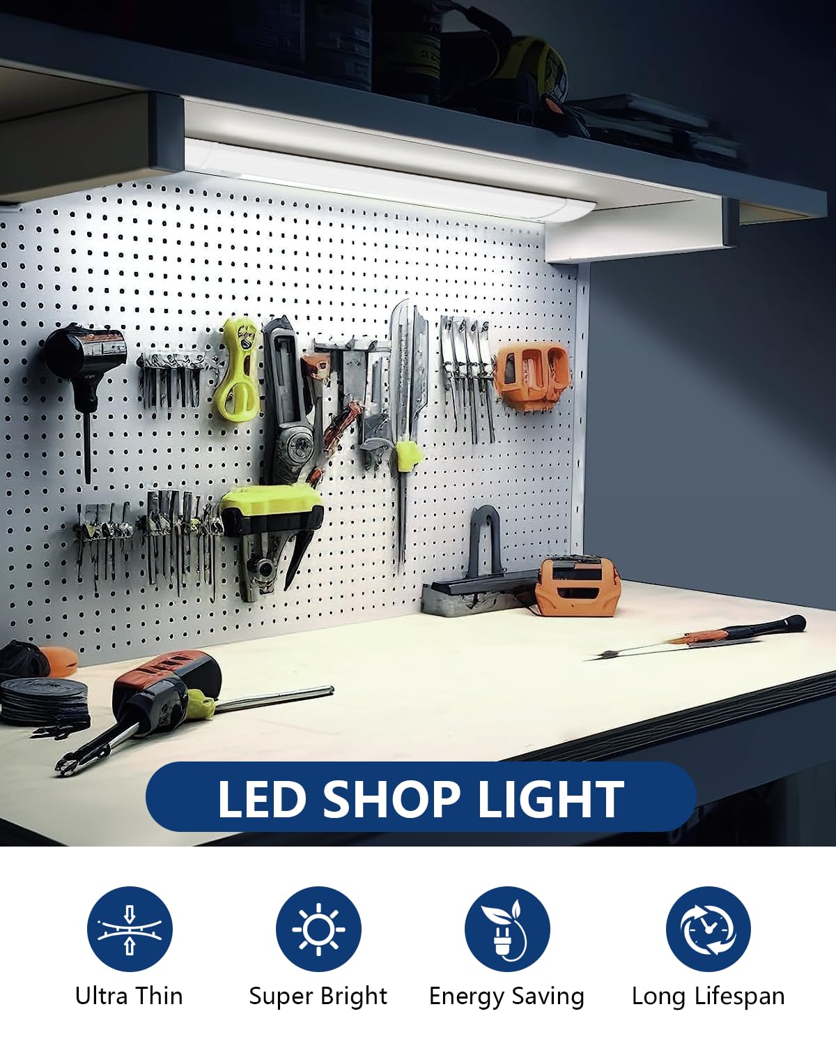 Sararoom 2FT LED shop light side view highlighting slim profile for ceiling placement