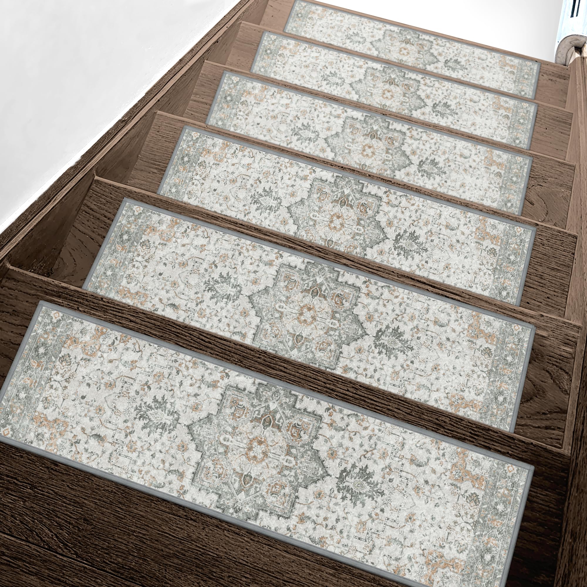Sarben non-slip stair treads on a wooden step deliver secure footing and taupe elegance.