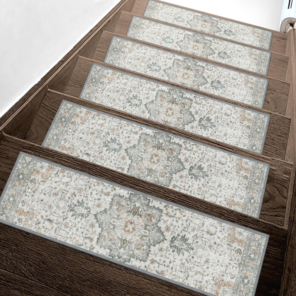 Sarben non-slip stair treads on a wooden step deliver secure footing and taupe elegance.