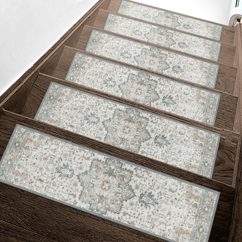 Sarben non-slip stair treads on a wooden step deliver secure footing and taupe elegance.