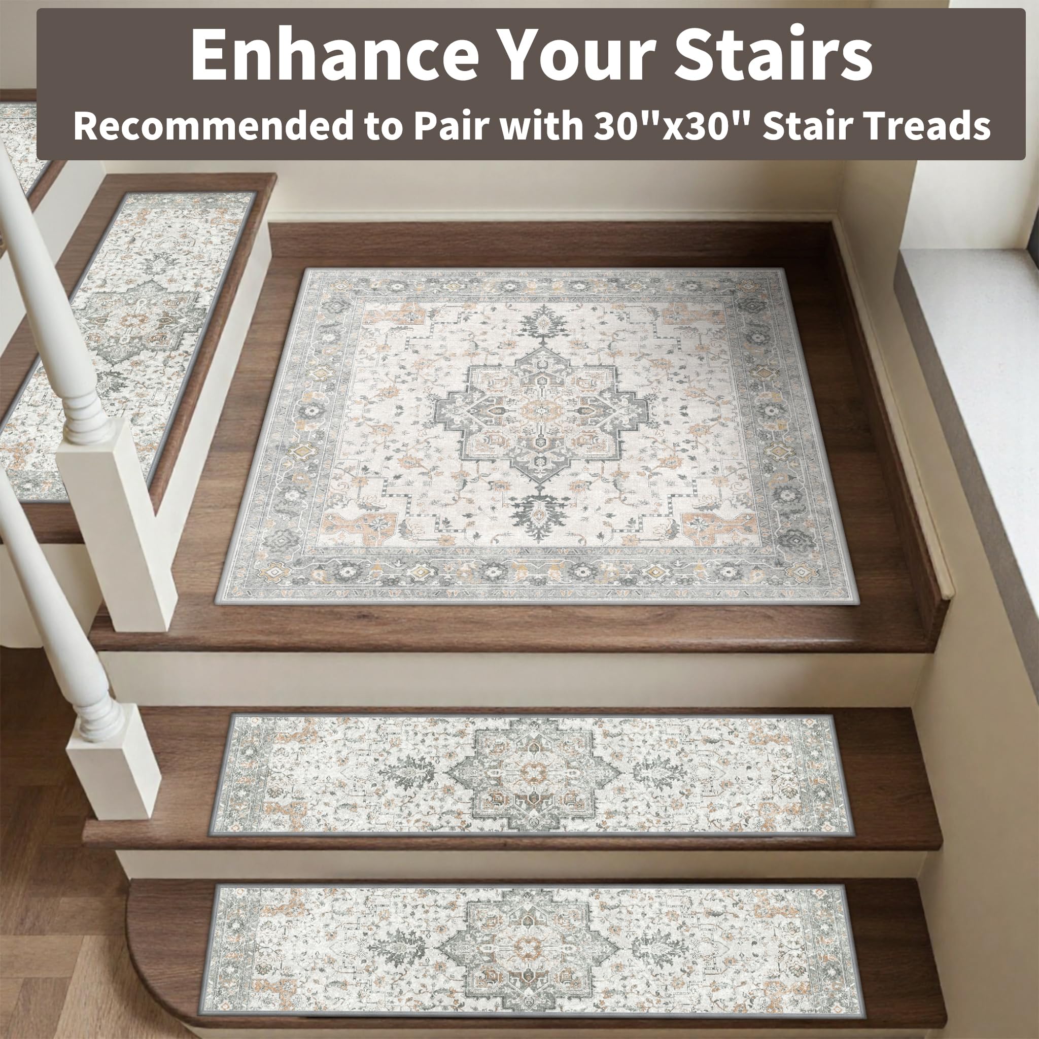 Sarben taupe patterned stair rugs add comfort and noise reduction to indoor stairs.