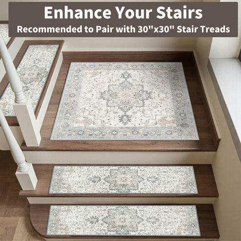 Sarben taupe patterned stair rugs add comfort and noise reduction to indoor stairs.