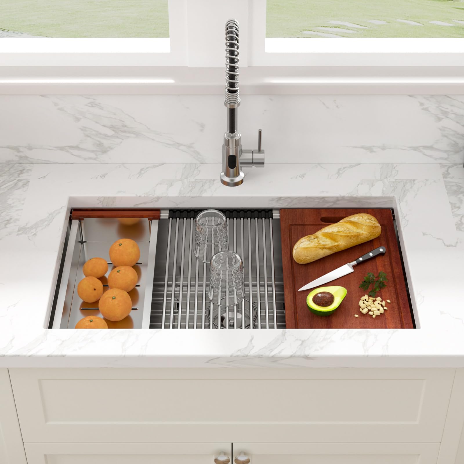 Sarlai 33 sink workstation ledges enabling space-saving cutting board setup.