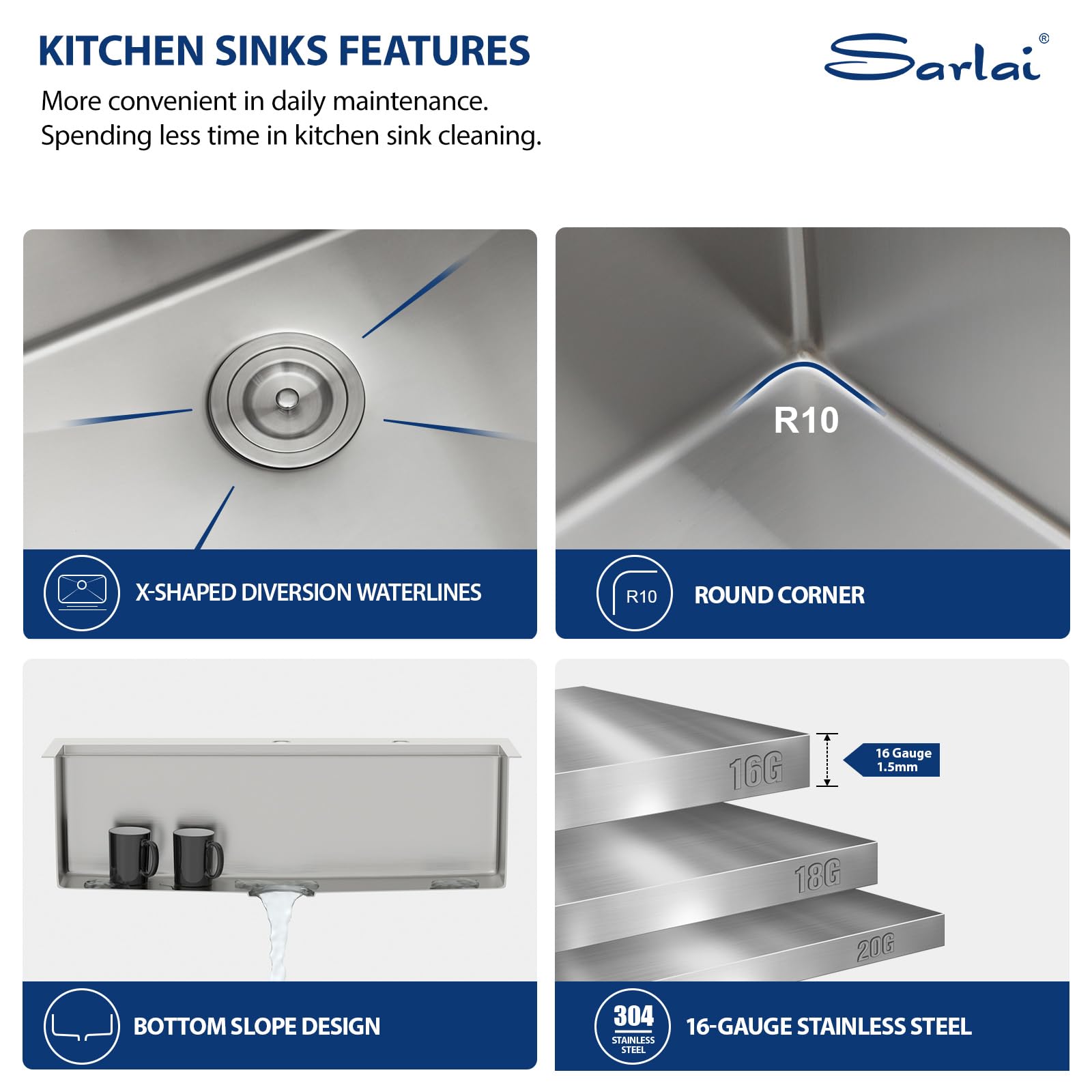 Sarlai Drop-In Sink bottom rinse grid protects the surface.