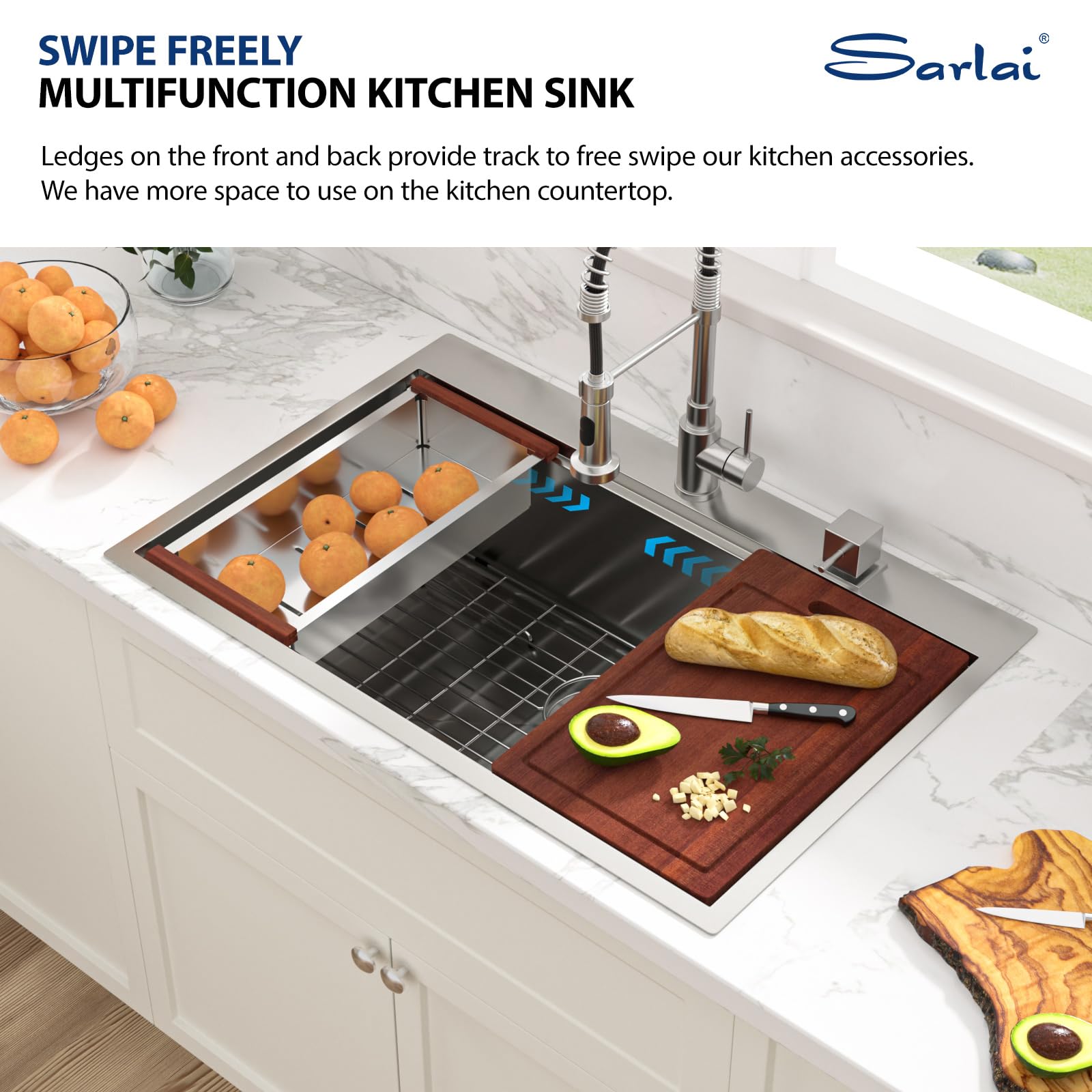 Sarlai Drop-In Sink includes drain strainer for easy disposal.