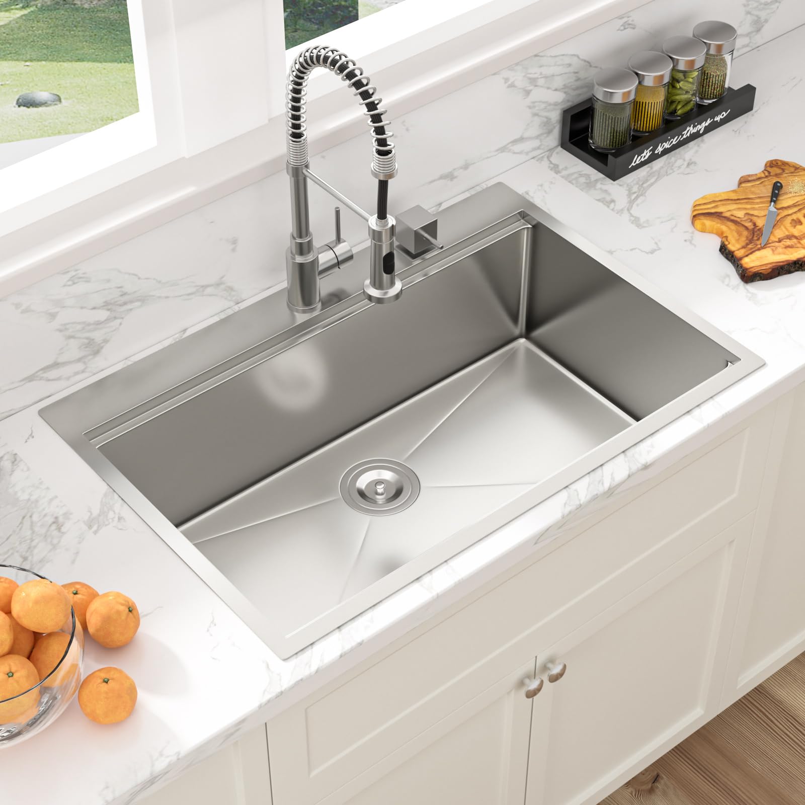 Sarlai Drop-In Sink roll drying rack helps keep dishes organized.