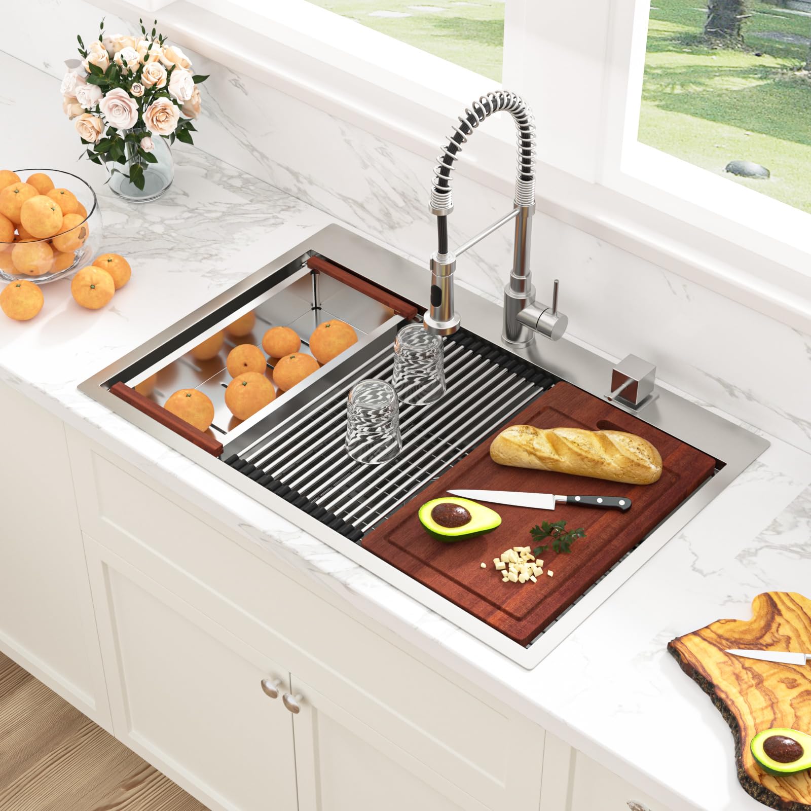 Sarlai Drop-In Sink workstation ledges expand counter space for prep.