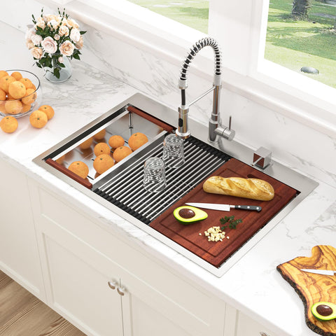 Sarlai Drop-In Sink workstation ledges expand counter space for prep.