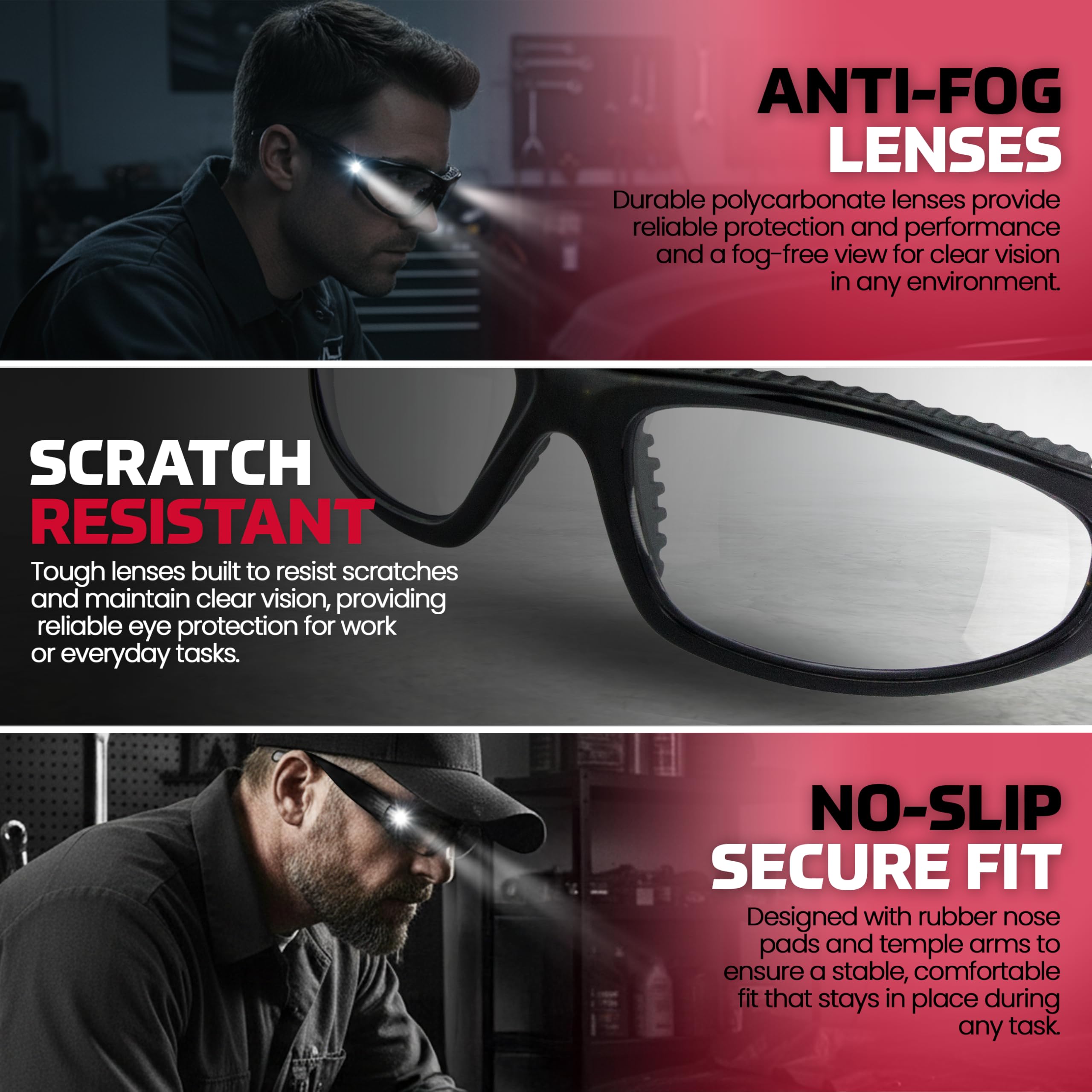 SAS LED Inspector glasses with anti-fog lenses maintain clear vision.