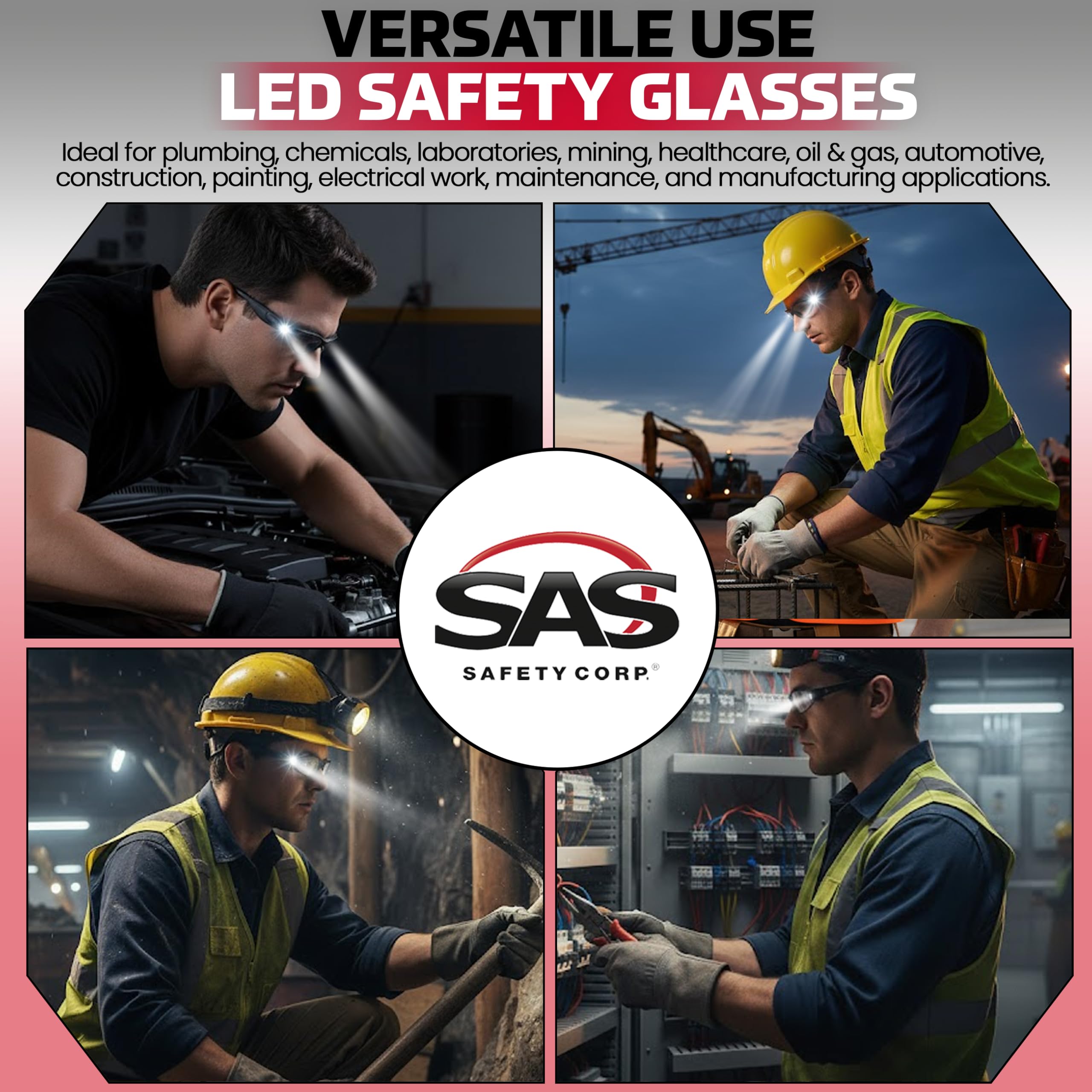 SAS LED Inspector glasses designed with no-slip nose pads for secure wear.