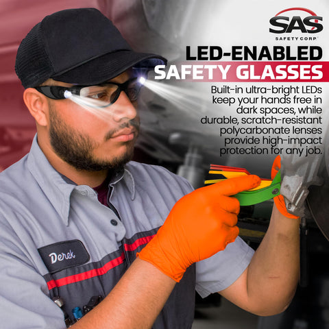 SAS LED Inspector glasses with scratch-resistant polycarbonate lenses for daily use.
